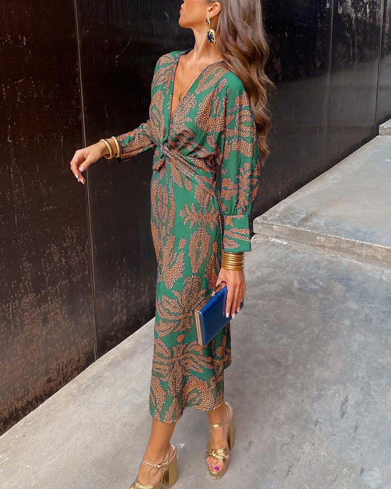 Célestine | Robe Élégante à Imprimé Vintage et Manches Longues