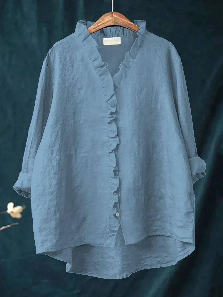 Sanela - Chemise décontractée en coton et lin avec volants