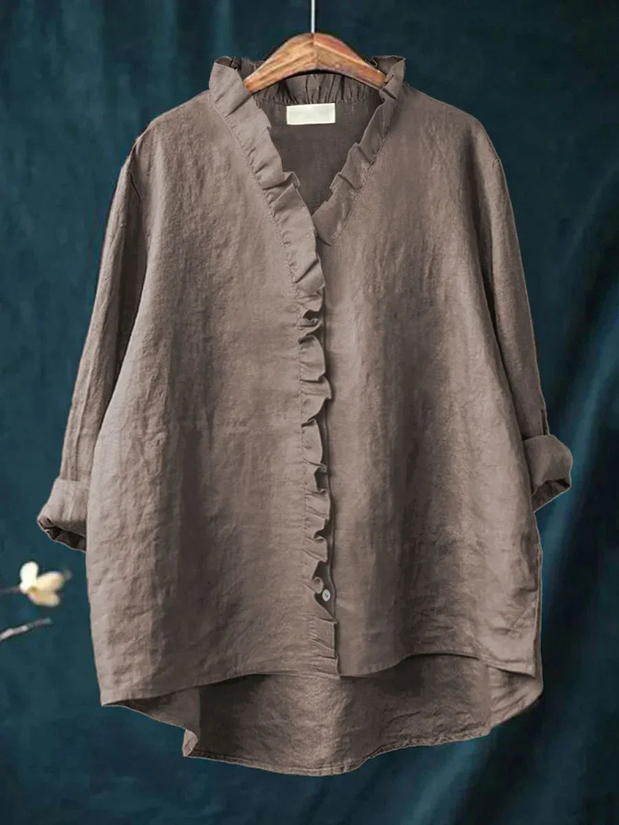 Sanela - Chemise décontractée en coton et lin avec volants