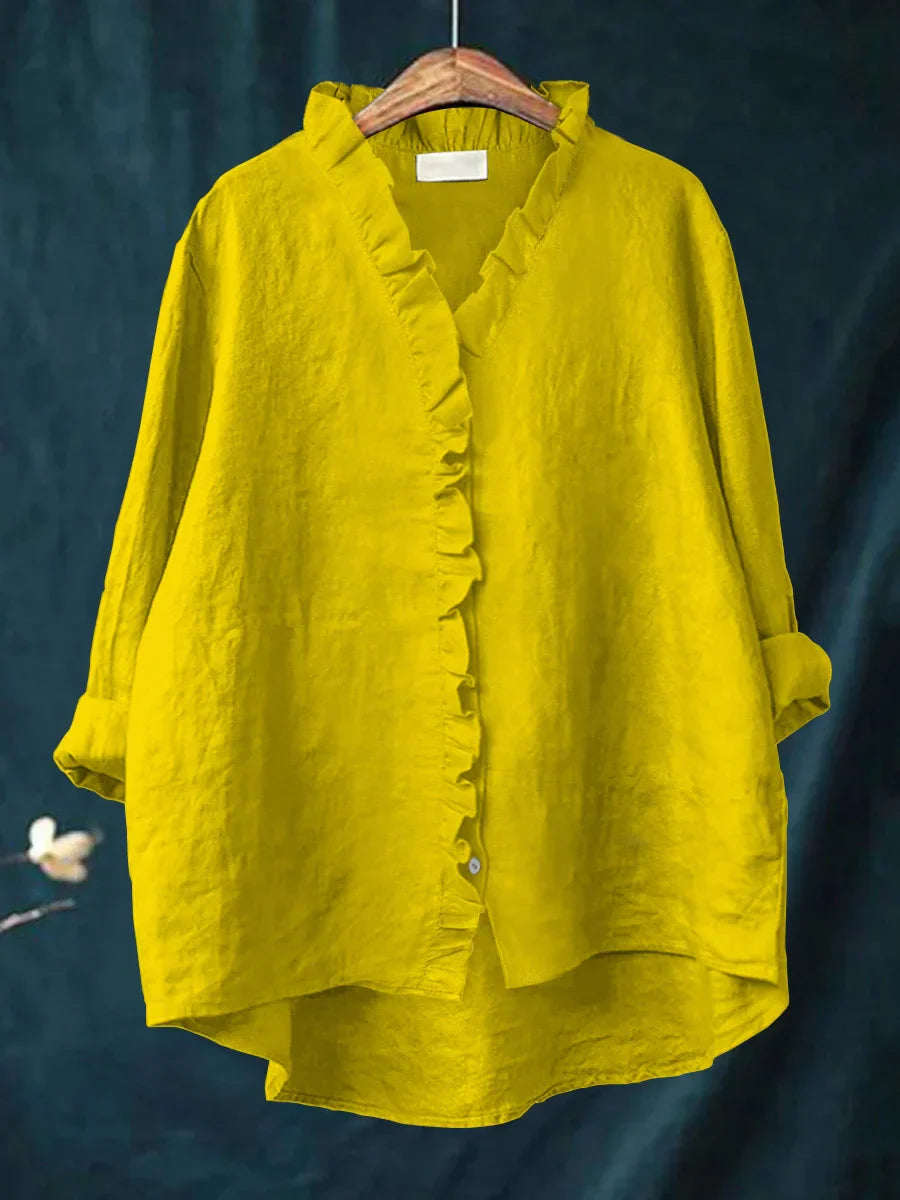Sanela - Chemise décontractée en coton et lin avec volants