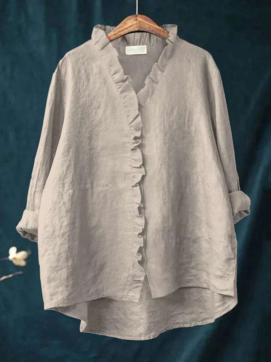 Sanela - Chemise décontractée en coton et lin avec volants