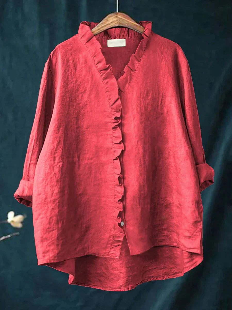 Sanela - Chemise décontractée en coton et lin avec volants