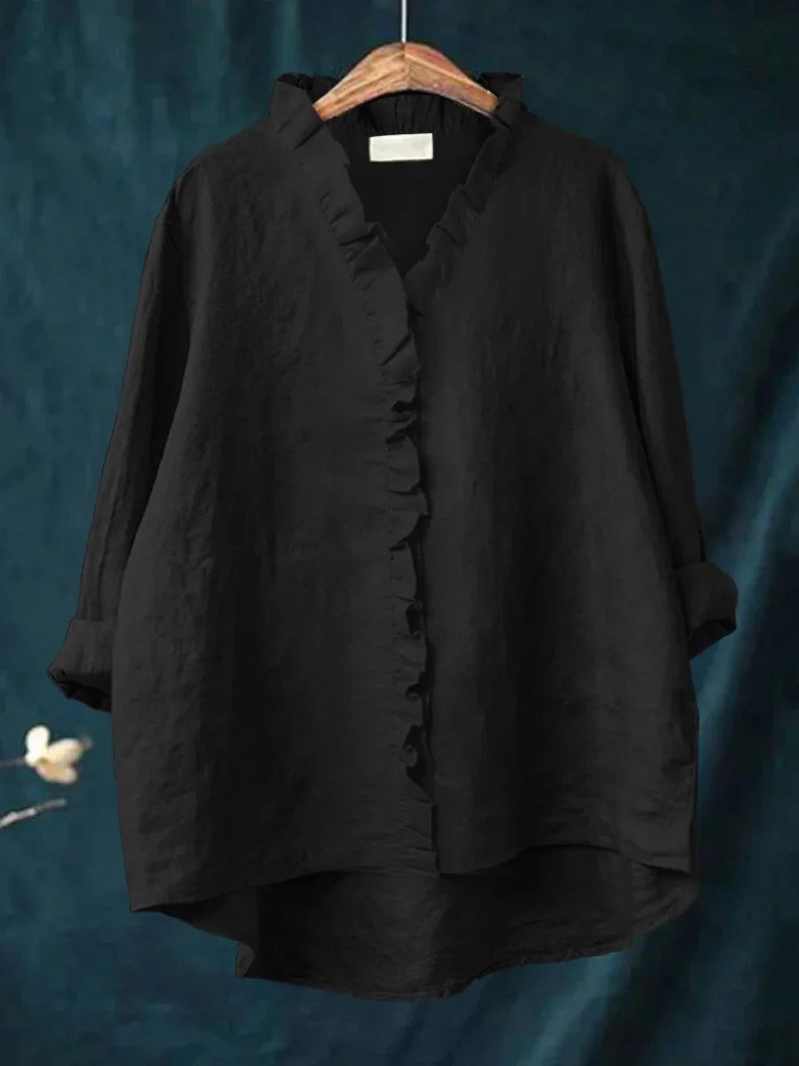 Sanela - Chemise décontractée en coton et lin avec volants