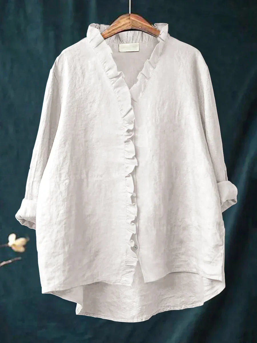 Sanela - Chemise décontractée en coton et lin avec volants