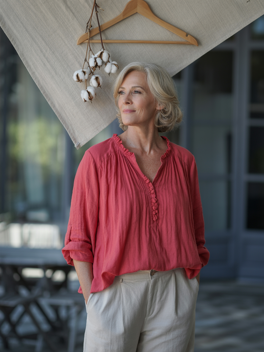 Sanela - Chemise décontractée en coton et lin avec volants
